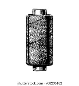 Vector black-and-white hand drawn illustration of sewing thread bobbin in vintage engraved style. isolated on white background. Side view.