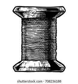 Vector black-and-white hand drawn illustration of sewing thread bobbin in vintage engraved style. isolated on white background. Side view.