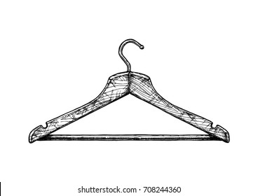 Vector Black-and-white Hand Drawn Illustration Of Wooden Coat Hanger In Vintage Engraved Style. Isolated On White Background. 