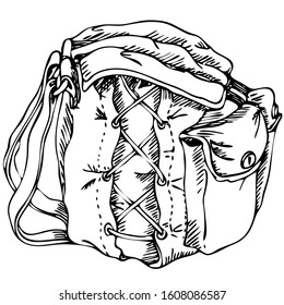 vector black-and-white illustration - filled Yarov backpack made of tent fabric with water-resistant impregnation with external pockets and side lacing to compact the filling