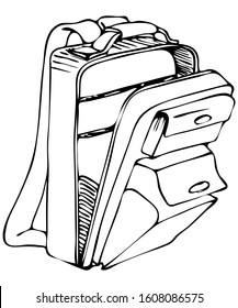 Vector Black-and-white Illustration - Open Zippered Laptop Backpack With Additional External Pockets For Small Items