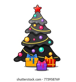Vector black-and-white new year tree with multicolored balls a star and presents. Bright christmas illustration in a cartoon style. Cute x-mas tree.