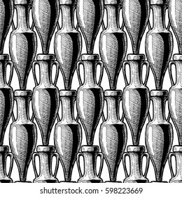 vector  black-and-white  seamless pattern with ancient amphora. illustration background in ink hand drawn style