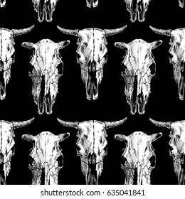 vector black-and-white seamless pattern with cow and bull skull.  illustration background in ink hand drawn style.