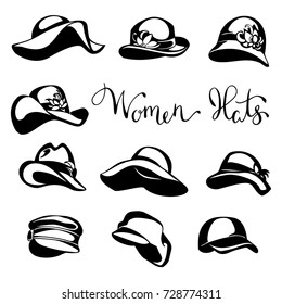vector black-and-white set of hats for different weather, collection of hats for different seasons