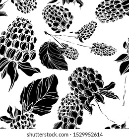 Vector Blackberry. Black and white engraved ink art. Seamless background pattern. Fabric wallpaper print texture.