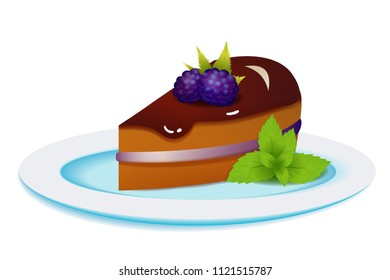 Vector blackberry cake and mint on the plate. All elements isolated on white background. Perfect for cooking games, cookbook, menu or other design works