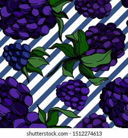 Vector Blackberry healthy food. Black and white engraved ink art. Seamless background pattern. Fabric wallpaper print texture on white background.