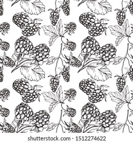 Vector Blackberry healthy food. Black and white engraved ink art. Seamless background pattern. Fabric wallpaper print texture on white background.