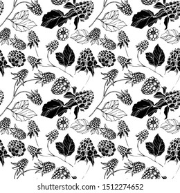 Vector Blackberry healthy food. Black and white engraved ink art. Seamless background pattern. Fabric wallpaper print texture.