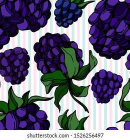 Vector Blackberry healthy food. Black and white engraved ink art. Seamless background pattern. Fabric wallpaper print texture on white background.