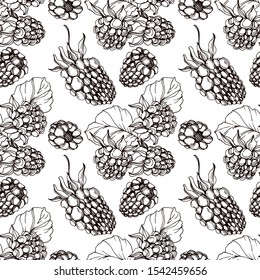 Vector Blackberry healthy food. Black and white engraved ink art. Seamless background pattern. Fabric wallpaper print texture.