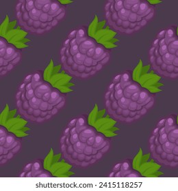 Vector Blackberry Seamless Pattern featuring a repeating background with a set of cut-out illustrations of fruity strawberries with green leaves. A collection of blackberry still lifes on a white back