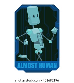 Vector black-blue emblem like a chip with cartoon image of funny light blue robot with long arms and legs running somewhere in the center on a white background. Inscription "Almost human".