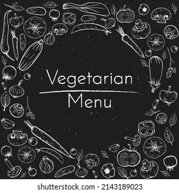Vector blackboard background with sketch chalk vegetables and place for text. Doodle food in circle frame organic vegan drawing illustration for restaurant menu.