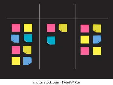 Vector blackboard with memo stickers, colorful blank papers, blank template.