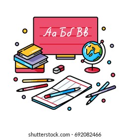 Vector blackboard and school supplies back to school line filled isolated illustration. Pixel Perfect. For web design and presentations, site