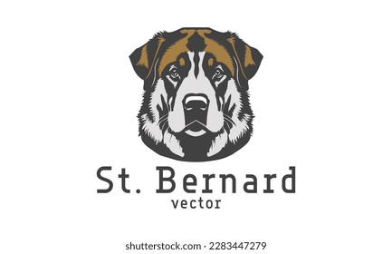 Vector black-brown head of a St. Bernard dog breed on a white isolated background. Logo, sticker or icon.