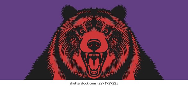 Vector black-red huge scary bear with an open maw on a purple background. Ursine portrait.