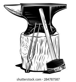 Vector blacksmith anvil on a stump with hummer and pincers