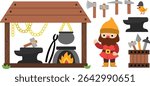 Vector blacksmith dwarf clipart set. Cute ironsmith gnome collection. Fairytale character illustrations. Magic creature pack with forge, tools, hammer, sward, chains, anvil. Little smith icons