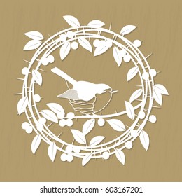 Vector Blackthorn berries branches, leaves and robin bird frame for laser or plotter cutting, on film, wood, plastic and over materials. Illustrations vintage design