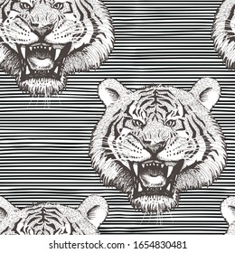 Vector black-white seamless pattern with growling tigers faces on horizontally striped background. Images of tigers are hidden under the mask, not cropped and can be edited
