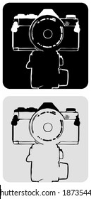 Vector black-white simple image of camera (front view).