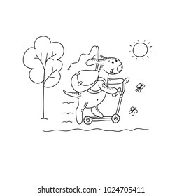 Vector black-white sketch funny cartoon puppy. Character dog rides a scooter with a backpack and a fishing rod. A walk for outdoor recreation. Illustration for design calendar, card.