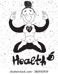Vector black/white textured image of a girl sitting in a yoga pose with a lettering below