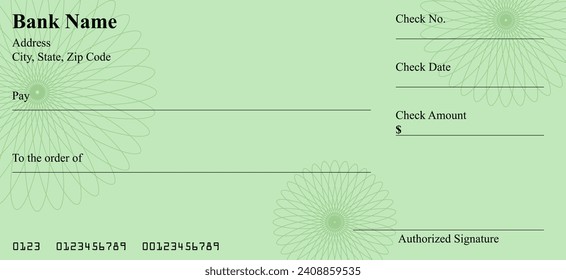 Vector of Blank Bank or Personal Check. Payment, Money, Cash, Currency, Cheque, Banknote

