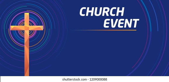 Vector blank banner Cross Church event Colorful abstract circles blue background