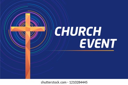 Vector blank banner Cross Church event Colorful abstract circles blue background