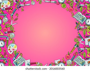 Vector blank for a banner with hand drawn accessories for school and learning. Scissors, paper, compasses, fruits, numbers, rulers, pencils, paints. Creative and hobby supplies sale background
