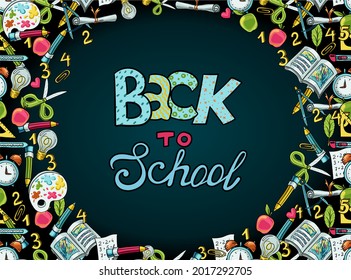 Vector blank for a banner with hand drawn accessories for school and learning. Scissors, paper, compasses, fruits, numbers, rulers, pencils, paints. Creative and hobby supplies sale background
