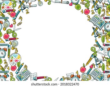 Vector en blanco para un cartel con accesorios dibujados a mano para la escuela y el aprendizaje. Tijeras, papel, brújulas, frutas, números, reglas, lápices, pinturas. Fondo de venta de suministros creativos y de hobby