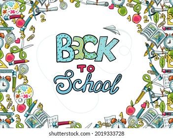 Vector blank for a banner with hand drawn accessories for school and learning. Scissors, paper, compasses, fruits, numbers, rulers, pencils, paints. Creative and hobby supplies sale background