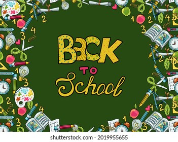 Vector blank for a banner with hand drawn accessories for school and learning. Scissors, paper, compasses, fruits, numbers, rulers, pencils, paints. Creative and hobby supplies sale background