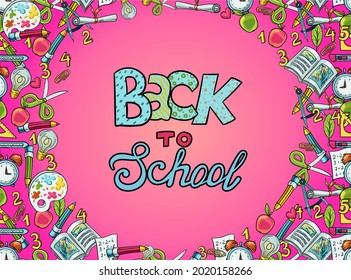Vector blank for a banner with hand drawn accessories for school and learning. Scissors, paper, compasses, fruits, numbers, rulers, pencils, paints. Creative and hobby supplies sale background