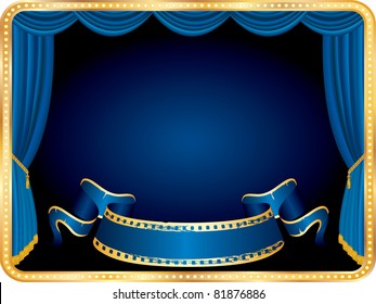 vector blank banner on horizontal stage with blue curtain