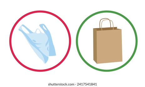Bolsa de papel en blanco biodegradable frente a plástico biodegradable. Ilustración de vectores para el día internacional sin bolsas de plástico