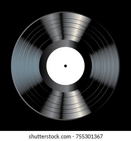 vector blank black LP vinyl record with white label on black background, realistic illustration
