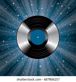 registro de vinilo de LP azul vectorial en el fondo con starburst azul, estratificado y editable
