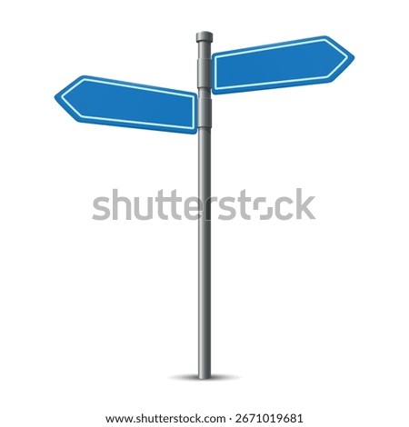 Vector Blank Blue Road Sign Post with Two Empty Directional Arrows, Isolated. Street Signage Template. Empty Guidepost for Navigation. Direction Board for Text, Message, Vector Illustration