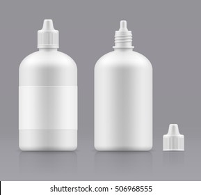 Vector blank bottle with cap. Open and closed white medical container - 3d object for design. Plastic packing realistic template. Mock-up packaging. Medicine Eye Wash Bottles. Liquid lens