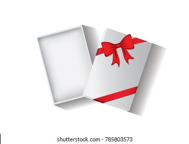 Vector, blank cardboard box rectangular and ribbon red open with cover lid and shadow isolated on white  background, eps10