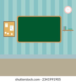 Vector blank classroom with green chalkboard, bookshelf and wall clock professionally