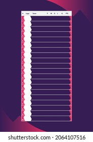 Plantilla de la tabla de la liga de fútbol de color blanco vectorial para veinte equipos con formas rosadas y fondo morado oscuro. Ilustración de fútbol.