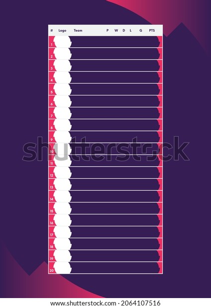 Vector blank color soccer league table\
template for twenty teams with pink shapes and dark purple\
background. Football\
illustration.