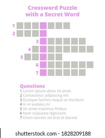 Vector blank editable crossword puzzle template with questions. Education game for kids and adults. Pink or purple hidden or secret word. Children's or girly design isolated on a white background. 